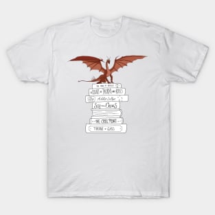 YA fantasy book stack and dragon T-Shirt